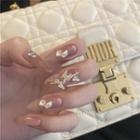 Butterfly Pointed Faux Nail Tips 484 - Glue - Beige & Gold - One Size