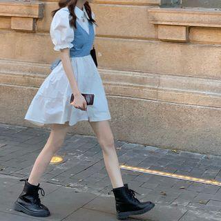 Puff-sleeve Mini Shirtdress / Tie-back Denim Vest