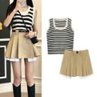 Striped Knit Tank Top / Low Rise Pleated A-line Skirt