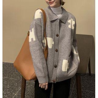 Long-sleeve Printed Collar Knit Cardigan