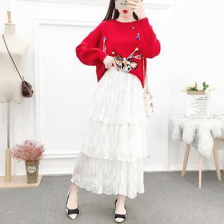 Set: Reindeer Print Sweater + Maxi Layered Skirt