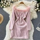 Furry Collar Panel Plaid Slit Dress Pink - One Size