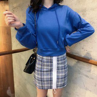 Plain Hoodie / Mini Plaid Sheath Skirt