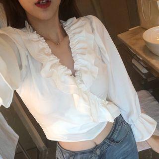 Plain V-neck Ruffle Loose-fit Cropped Top