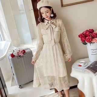 Bow-accent Lace-panel Midi Dress