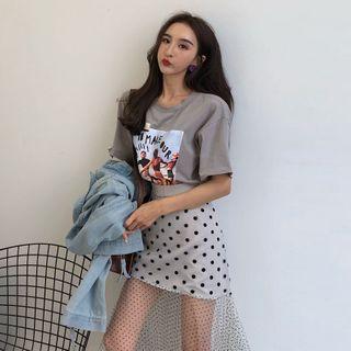 Sheer Panel Dotted A-line Skirt