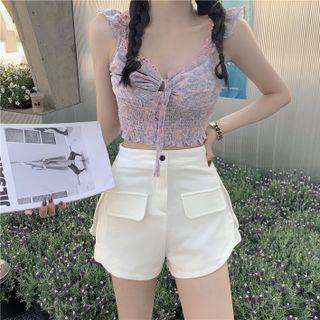 Sleeveless V-neck Lace Cropped Top / High-waist Slit Shorts
