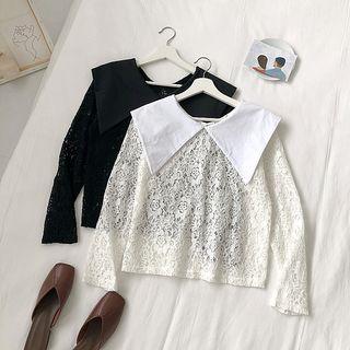 Pointy Collar Long-sleeve Lace Top