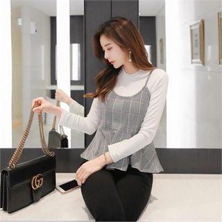 Set: Glen-plaid Peplum Top + T-shirt