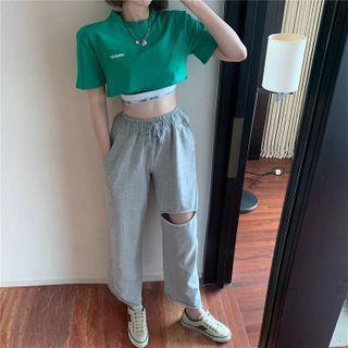 Lettering Short-sleeve Crop Top / Distressed Cropped Wide-leg Pants