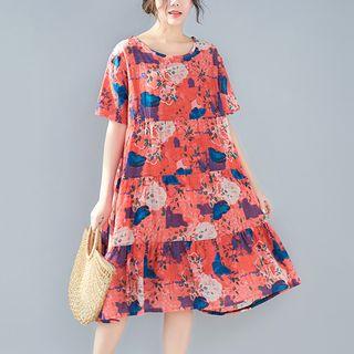 Short-sleeve Print Midi A-line Dress Red - One Size