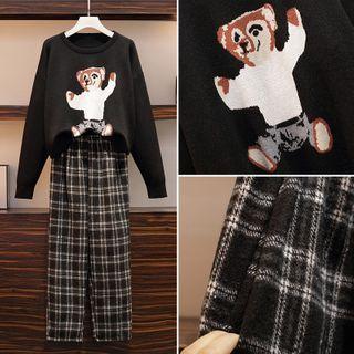 Bear Print Sweater / Plaid Cropped Straight-fit Pants / Set