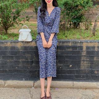 3/4 Sleeve Floral Print A-line Midi Dress