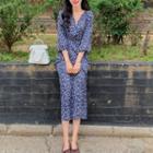 3/4 Sleeve Floral Print A-line Midi Dress
