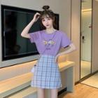 Flower Print Short-sleeve T-shirt / Plaid Mini A-line Skirt