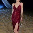 Spaghetti Strap Sequin Side-slit Sheath Dress