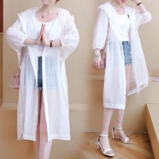 3/4-sleeve Buttoned Hooded Long Jacket