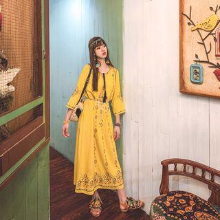 Tie-strap Embroidered Midi A-line Dress