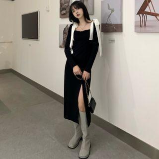 Square-neck Bow Slit Midi Bodycon Dress