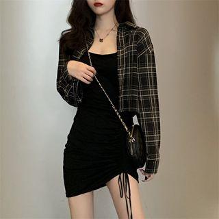 Long-sleeve Crop Plaid Shirt / Spaghetti Strap Mini Dress