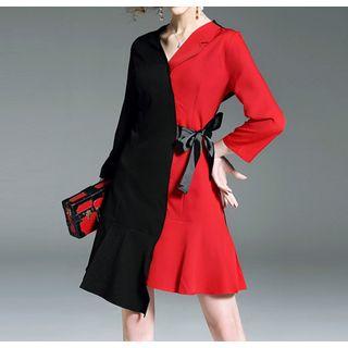 3/4-sleeve V-neck Asymmetrical A-line Dress