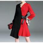 3/4-sleeve V-neck Asymmetrical A-line Dress