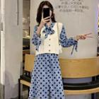 Polka Dot Long-sleeve Dress / Knit Vest