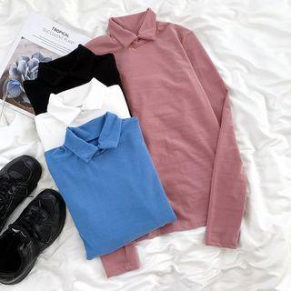 Long-sleeve Plain Collar T-shirt