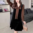 Long-sleeve Bow Velvet Shift Dress