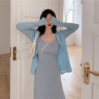 Plain Cardigan / Spaghetti Strap Plaid Midi A-line Dress