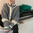 Checkerboard Cardigan Sweater - Checkerboard - Black & White - One Size