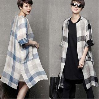 Open-front Checked Linen Long Jacket