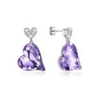 925 Sterling Silver Fashion Romantic Heart Earrings With Purple Austrian Element Crystal Silver - One Size