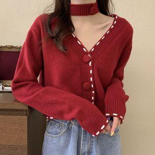 Contrast Stitching Cropped Cardigan