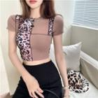 Short-sleeve Leopard Print Crop Top Leopard - Pink - One Size