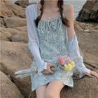 Spaghetti Strap Bow Accent Floral Dress / Long-sleeve Sheer Cardigan