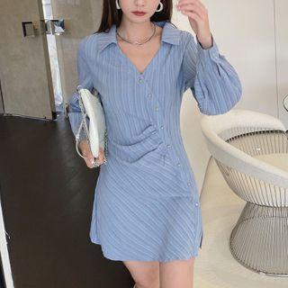 Open-collar Striped Mini A-line Shirtdress