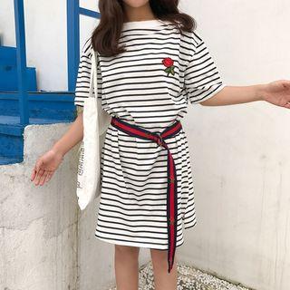 Striped Short-sleeve T-shirt Dress With Belt