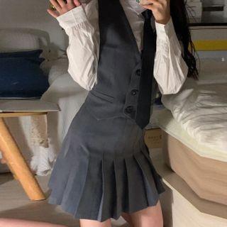 Long-sleeve Plain Shirt / Button-up Vest / Pleated Mini A-line Skirt