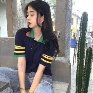 Short-sleeve Polo Collared Striped Knit Top