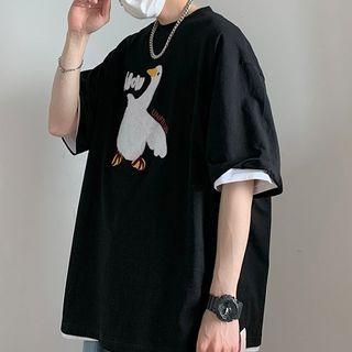 Round Neck Duck Print Oversized Short Sleeve T-shirt