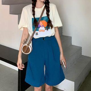 Elbow-sleeve Print T-shirt / Dress Shorts
