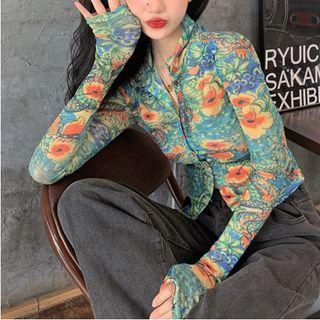 Long-sleeve Print Button-up Slim-fit Cropped Top