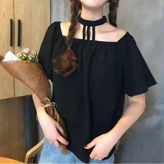 Halter Neck Off-shoulder Short-sleeve Top