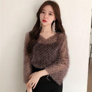 Set: Plain Camisole Top + V-neck Furry 3/4-sleeve Top