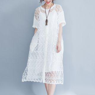 Set: Short-sleeve Midi Lace Dress + Spaghetti Strap Dress