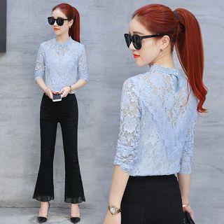 Long-sleeve Beaded Lace Blouse
