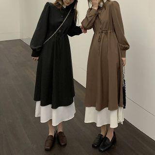 Two-tone Long-sleeve Maxi A-line Dress