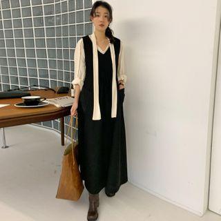 Long-sleeve Shirt + Pocket Pinafore Dress