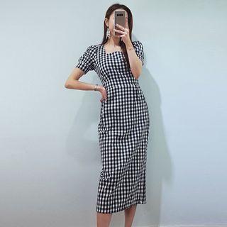 Plaid Short-sleeve Square Neck Sheath Dress